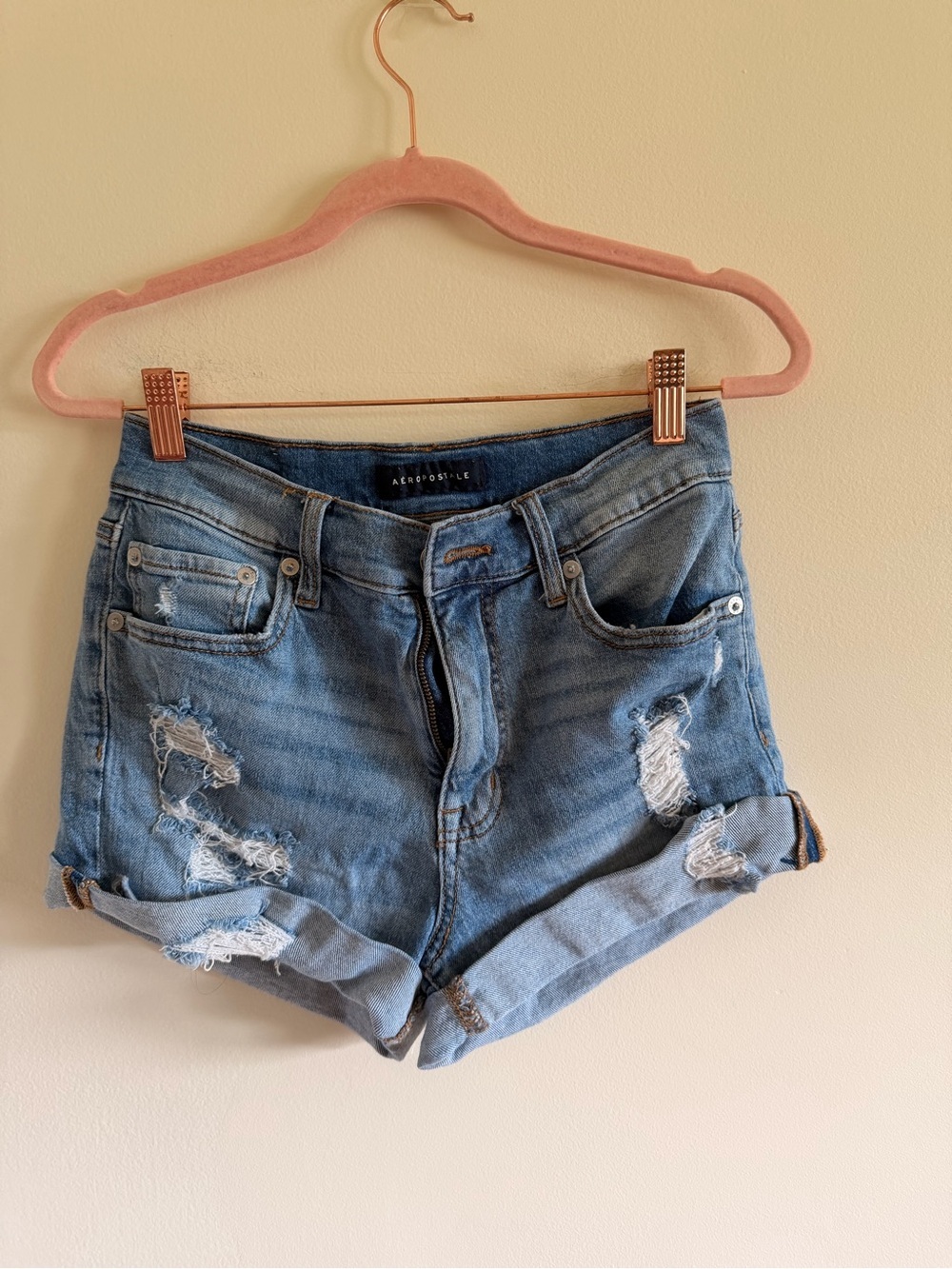 Aeropostale Mom Light Blue Distressed Denim Roll-Cuff Shorts